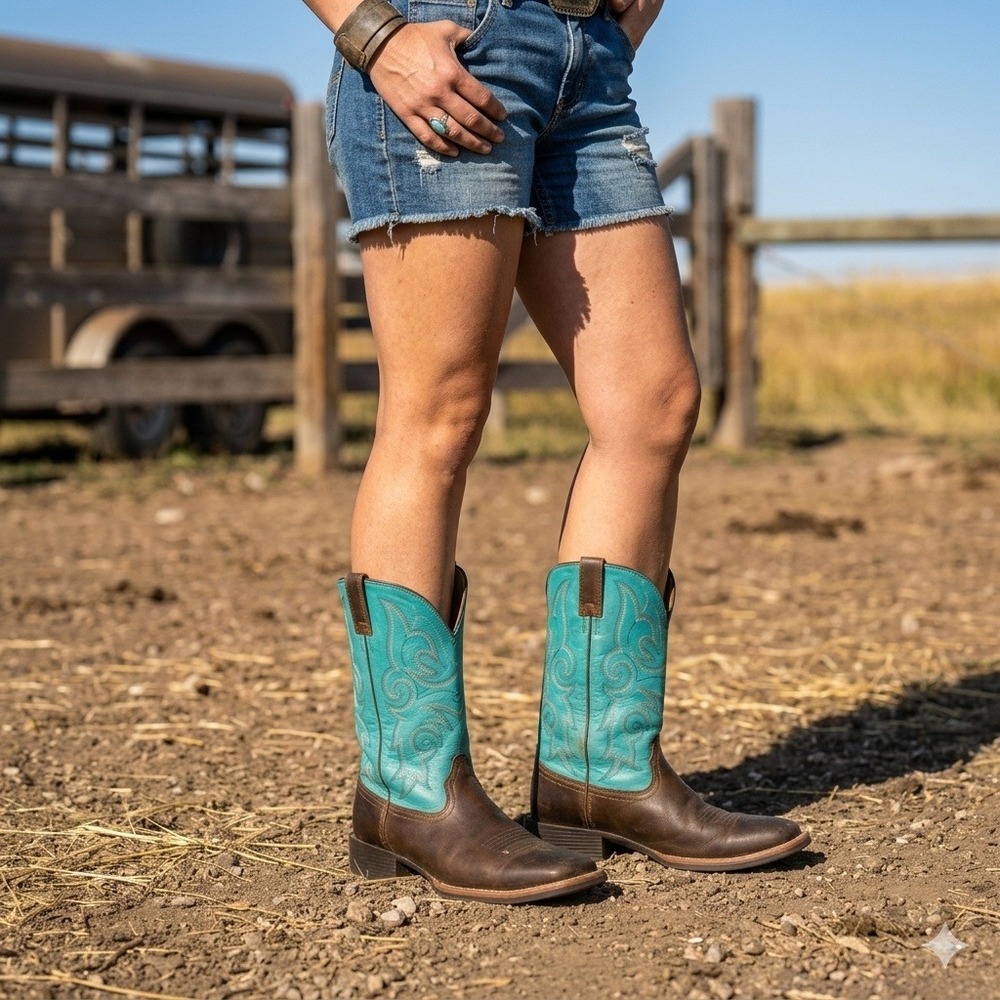 Ariat Cowgirl Western Boots Women 9 Brown Turquoise Square Toe Leather Scroll